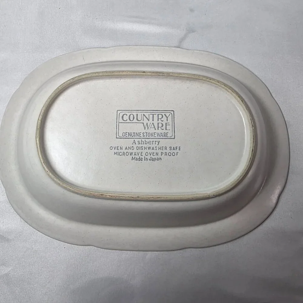 Country Ware Ashberry 10 Inch Oval Serving Bowl White with Blue Scalloped Edge